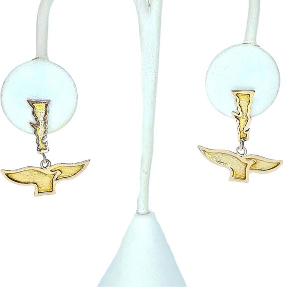 Vintage 9k Yellow Gold Over Silver Dangle Stud Whale Fin Post Sterling Earrings - Picture 1 of 10